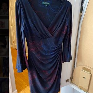 Blue V neck Floral Outline Dress